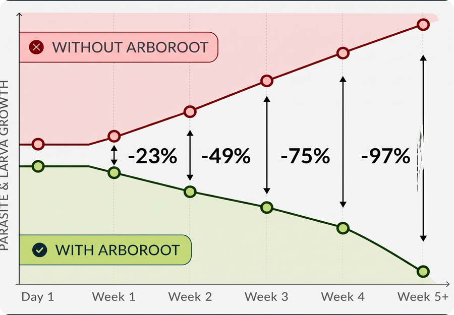 Parasite and larva growth with and without Arboroot